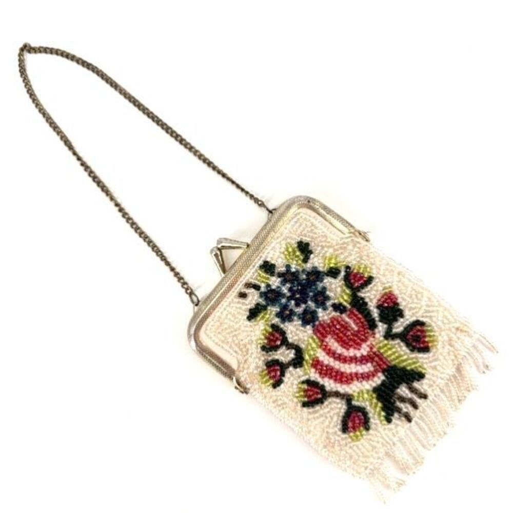 Vintage Women's Floral Beaded Fringe Chain‎ Strap Mini Purse Multicolor
